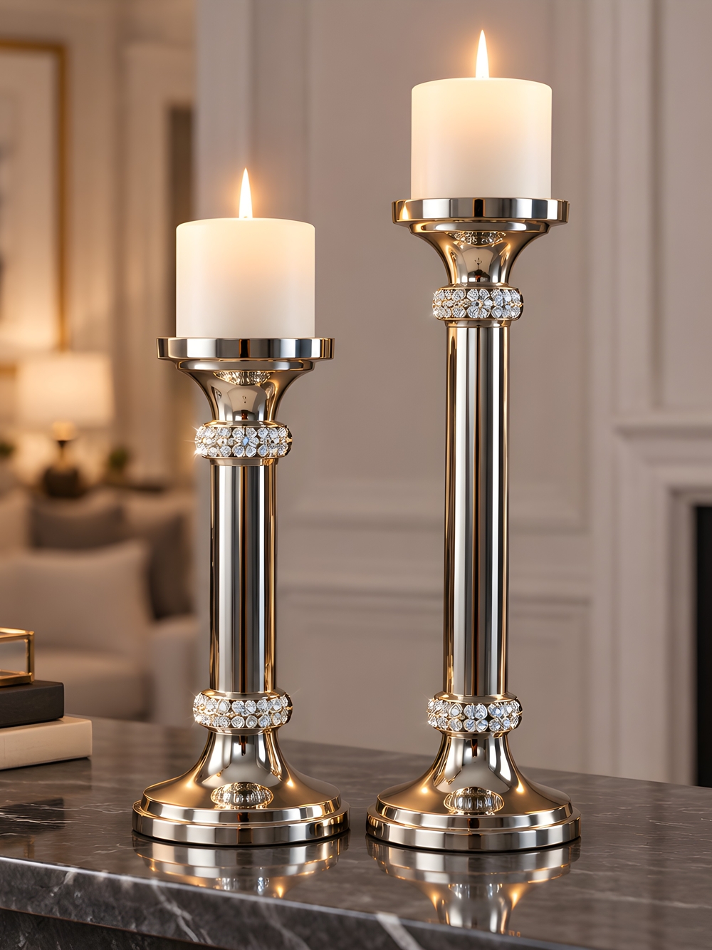 Gold Crystal Accent Pillar Candle Holders - Set of 2
